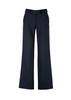 A pair of women's dark navy wool stretch pants with an adjustable waist and flared legs, featuring a waistband logo.