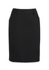 A black wool stretch skirt with a multi-pleat design and pockets, featuring a waistband and a sleek silhouette.