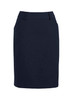 A women's comfort wool stretch multi-pleat skirt in dark navy, featuring a fitted design and waistband with pockets.