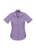 A purple checked short sleeve button-up shirt with a collar and fitted design, featuring branding.