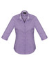 A purple and white checkered women's button-up shirt with 3/4 sleeves and a collar, featuring a logo.