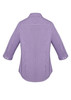 A women's purple checkered button-up shirt with 3/4 sleeves and a curved hem, featuring a logo.