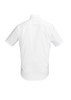 A short-sleeved, white button-up shirt featuring a collar and a plain back design. It has a logo tag.