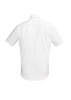 A white short sleeve button-up shirt with a classic collar and a logo on the back.