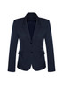 A women's mid-length jacket in dark navy, featuring a two-button closure and fitted design. It has a sleek blazer style.