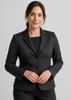 A mid-length women's jacket in black with a two-button design and tailored fit. Features branding on the label.