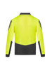 A hi-vis long sleeve polo in bright yellow with black detailing and a logo on the back.