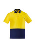 A men's hi-vis cotton short sleeve polo shirt in bright yellow and navy blue, featuring a chest pocket and logo.