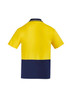 A yellow and navy mens hi-vis cotton short sleeve polo shirt featuring a two-tone design and a collar.