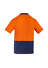 A short sleeve polo shirt featuring a bright orange upper half and navy blue lower half, with a simple logo.