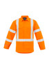 A men's hi-vis orange work shirt featuring reflective stripes and long sleeves. The shirt includes a logo.