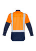 A long sleeve work shirt featuring shoulder tape, in orange and navy blue colours. The shirt has a logo.