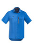 A blue men's outdoor short sleeve button-up shirt featuring two chest pockets and a zip pocket. It has a logo.