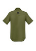 A short sleeve shirt in olive green, featuring a collar and a logo on the back.