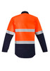 Hi-vis closed front shirt in orange and navy, featuring hoop tape reflective stripes and a logo.