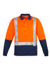 A long sleeve polo shirt featuring orange and navy colours with reflective tape accents and a chest pocket.