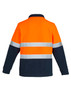 Unisex hi-vis polar fleece pullover in orange and navy, featuring hoop tape stripes and a collar. Includes branding.