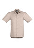 A lightweight short sleeve shirt in beige, featuring two front pockets and a logo. Suitable for workwear.
