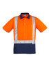Hi-vis spliced short sleeve polo in orange and navy, featuring shoulder tape and a pocket. Includes a logo.