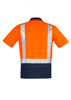 A high visibility polo shirt featuring orange and navy colours with shoulder tape reflective stripes and a logo.