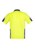 A short sleeve polo shirt in bright yellow with navy accents and reflective strips. It features a branding logo.