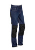 A pair of men's CORDURA® stretch denim work jeans in dark blue with black panels and reinforced knees.