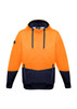 A unisex hi-vis textured jacquard hoodie in bright orange and navy, featuring a front pouch and a logo on the sleeve.