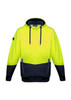 A unisex hi-vis hoodie in bright yellow and black with a textured jacquard design and a logo on the sleeve.