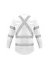 A long sleeve white work shirt featuring reflective tape in an X pattern on the back. It includes a logo.