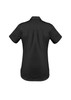 A black women's lightweight short sleeve shirt with a collar and a logo on the back.