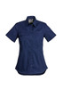 A navy short sleeve shirt for women, featuring a button-up front and a chest pocket. Includes branding on the label.