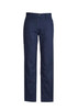 A pair of women's navy utility pants with a straight leg design and a logo on the side.