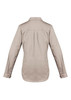 A women's lightweight long sleeve shirt in beige with a button-up back and sleeve detailing. Features a logo.