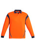 A long sleeve polo in vibrant orange with navy blue accents and a branding logo. Suitable for workwear use.