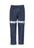 Hi-visibility navy storm pants with reflective tape, featuring an elastic waistband and a straight leg design.