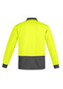 A high visibility long sleeve polo in bright yellow with a dark grey bottom and cuffs, featuring a logo.
