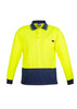 A long sleeve polo shirt in high visibility yellow, featuring a navy blue bottom section and a pocket. It has a logo.
