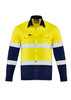 A yellow and navy long sleeve work shirt featuring reflective stripes and a logo on the chest.