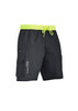 A pair of black board shorts with a drawstring waistband and neon green accents. Features a logo and cargo pockets.