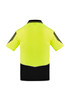 A short-sleeve polo shirt in high visibility yellow and black, featuring a logo and a contrasting design.