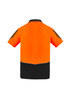 A bright orange short sleeve polo shirt with black detailing and a logo on the chest.