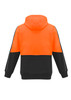 A unisex hi-vis full zip hoodie in orange and black, featuring a hood and a logo.