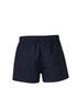 Navy men's rugby shorts with an elastic waistband and a single back pocket, featuring a logo.