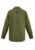 A long sleeve men's outdoor shirt in olive green with a logo on the back.