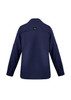 A women's long sleeve button-up shirt in navy blue, featuring a logo on the back.