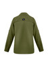 A long sleeve women's button-up shirt in olive green, featuring a collar and roll-up sleeves. It has a logo on the back.