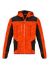 A reinforced knit hoodie in orange and black, featuring a zippered front and several pockets, with a logo.