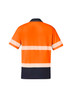 A short sleeve polo shirt in orange and navy, featuring segmented reflective tape and a branded logo.