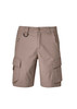 Curved cargo shorts in a light beige colour, featuring multiple pockets and a branding logo.