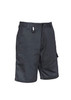 Rugged cooling vented shorts in dark grey with pockets and a logo on the waistband. Suitable for outdoor wear.